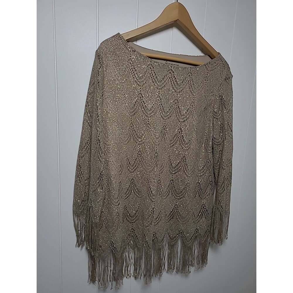 Chico's Fringe Top Womens Size 2 Gold Metallic Large Stretch Hippie Formal - Picture 4 of 8